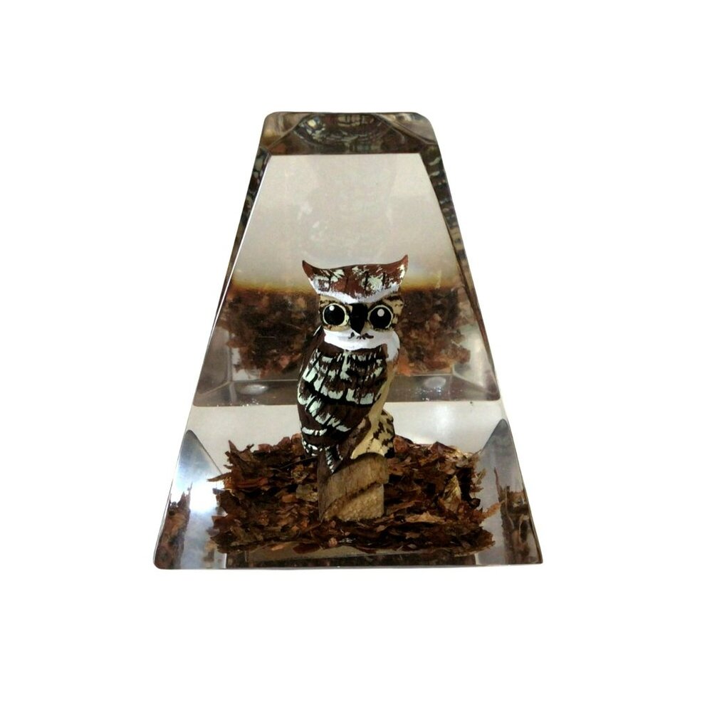 Lucite Pyramid Paperweight Hand Carved Painted Great Horned Owl MCM Mid-century